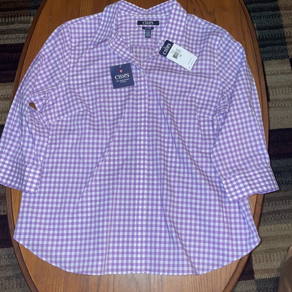 Purple/white CHAPS button up 3/4 sleeve blouse.